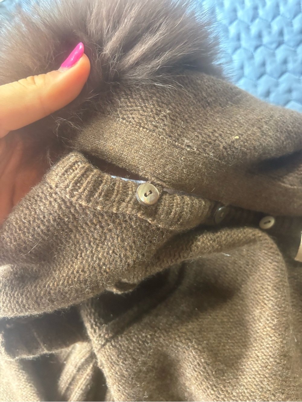 Neiman Marcus Brown Zip-Front Hooded Cardigan with Fur Pom Trim - Picture 7 of 9